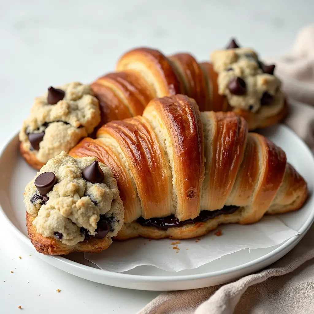 A delectable crookie recipe featuring flaky, golden croissants filled with rich chocolate and topped with chocolate chip cookie dough, served on a white plate.