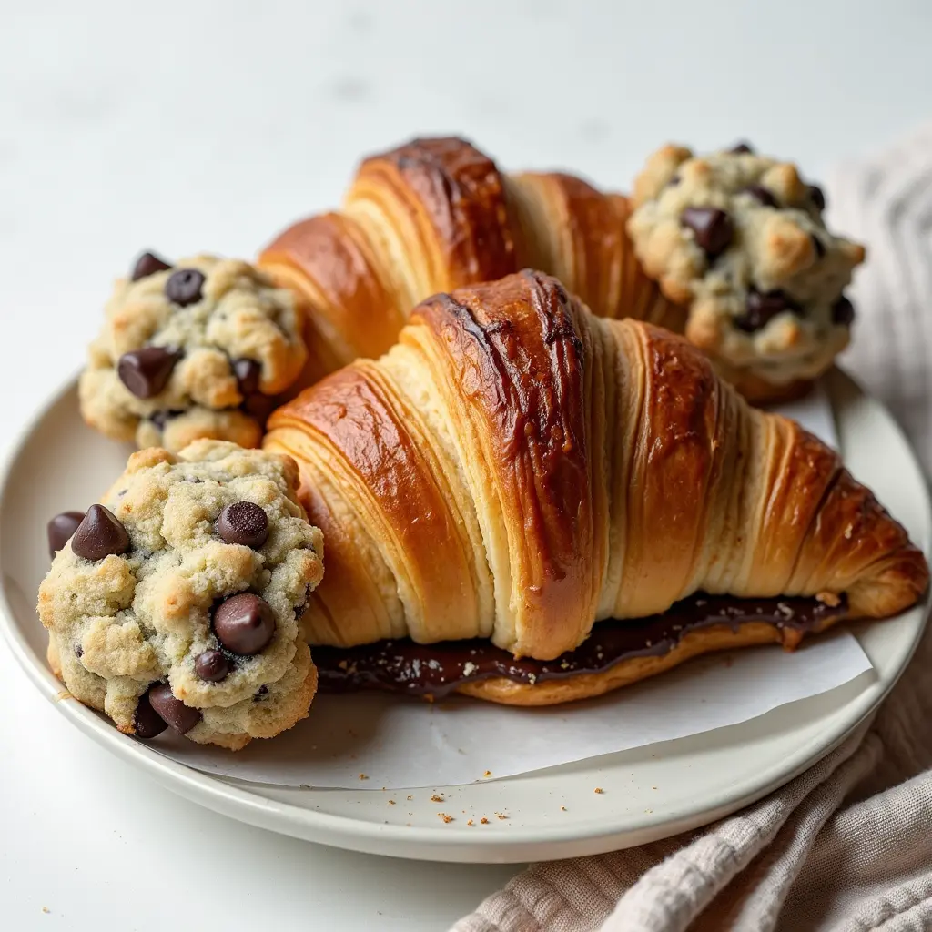 A mouthwatering crookie recipe featuring flaky, golden-brown croissants filled with melted chocolate and topped with chunks of chocolate chip cookie dough, served on a white plate.