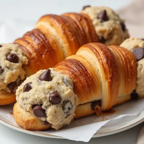 A delicious crookie recipe featuring flaky, golden-brown croissants filled with chocolate and topped with chunks of chocolate chip cookie dough, served on a plate.