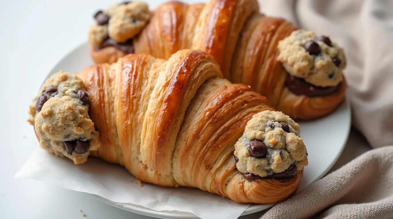 A delicious crookie recipe featuring golden, flaky croissants filled with rich chocolate and topped with chocolate chip cookie dough, served on a white plate.