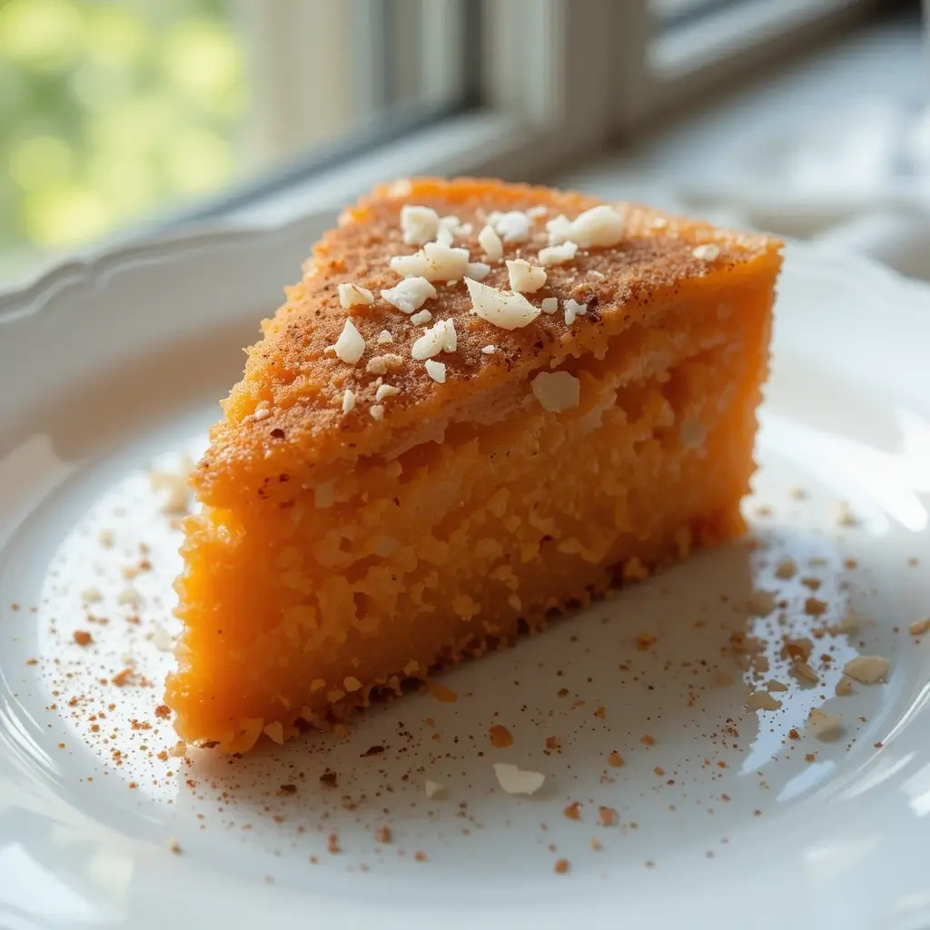 A close-up of a delicious Jamaican Sweet Potato Pudding, a classic among Jamaican desserts, with a moist, golden-orange texture, a caramelized crust, and a sprinkle of chopped nuts and cinnamon on top, served on a white plate by the window.