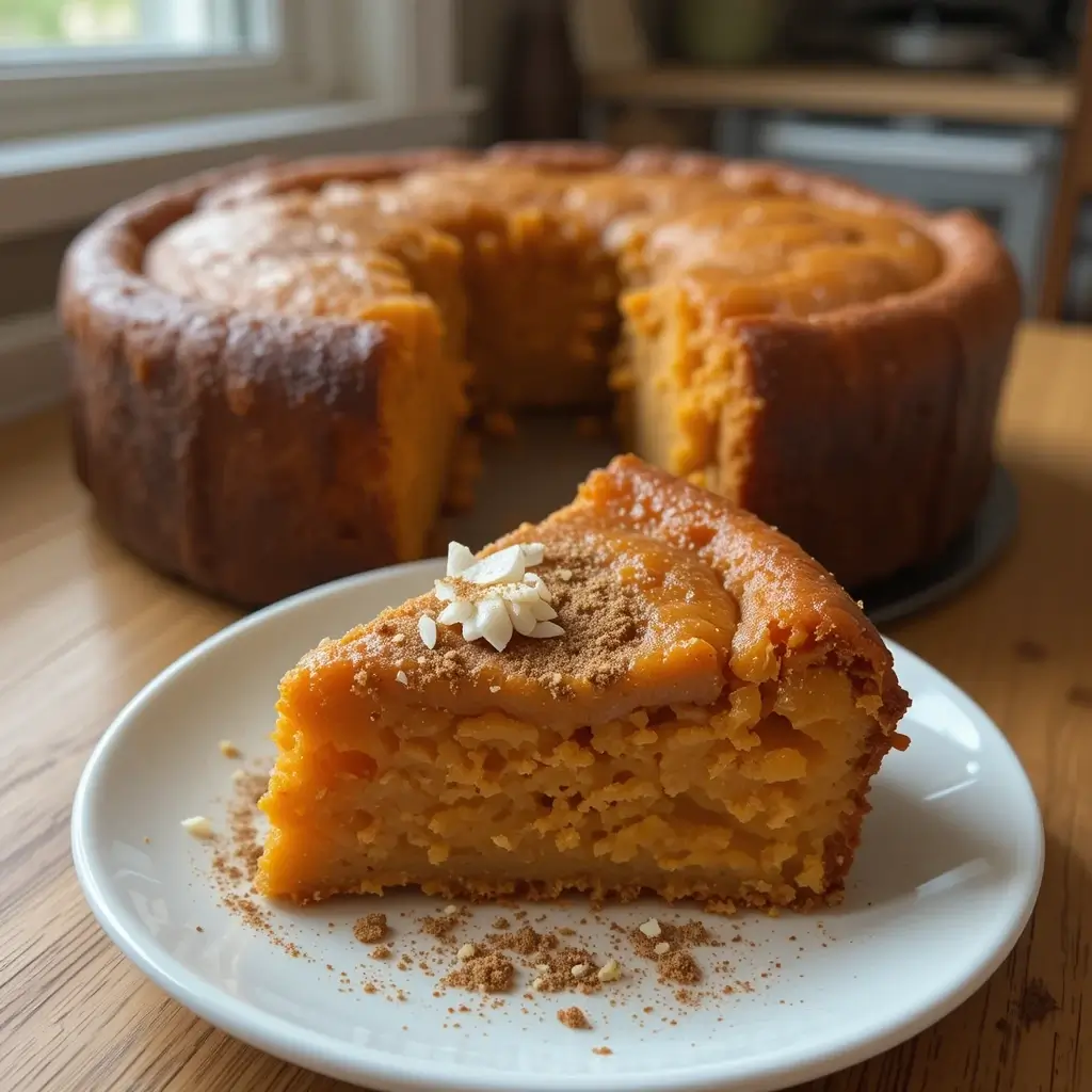 A freshly baked Jamaican Sweet Potato Pudding, a staple in Jamaican desserts, with a rich, golden-orange color, a perfectly caramelized top, and a moist, dense texture, garnished with chopped nuts and cinnamon, served on a white plate.