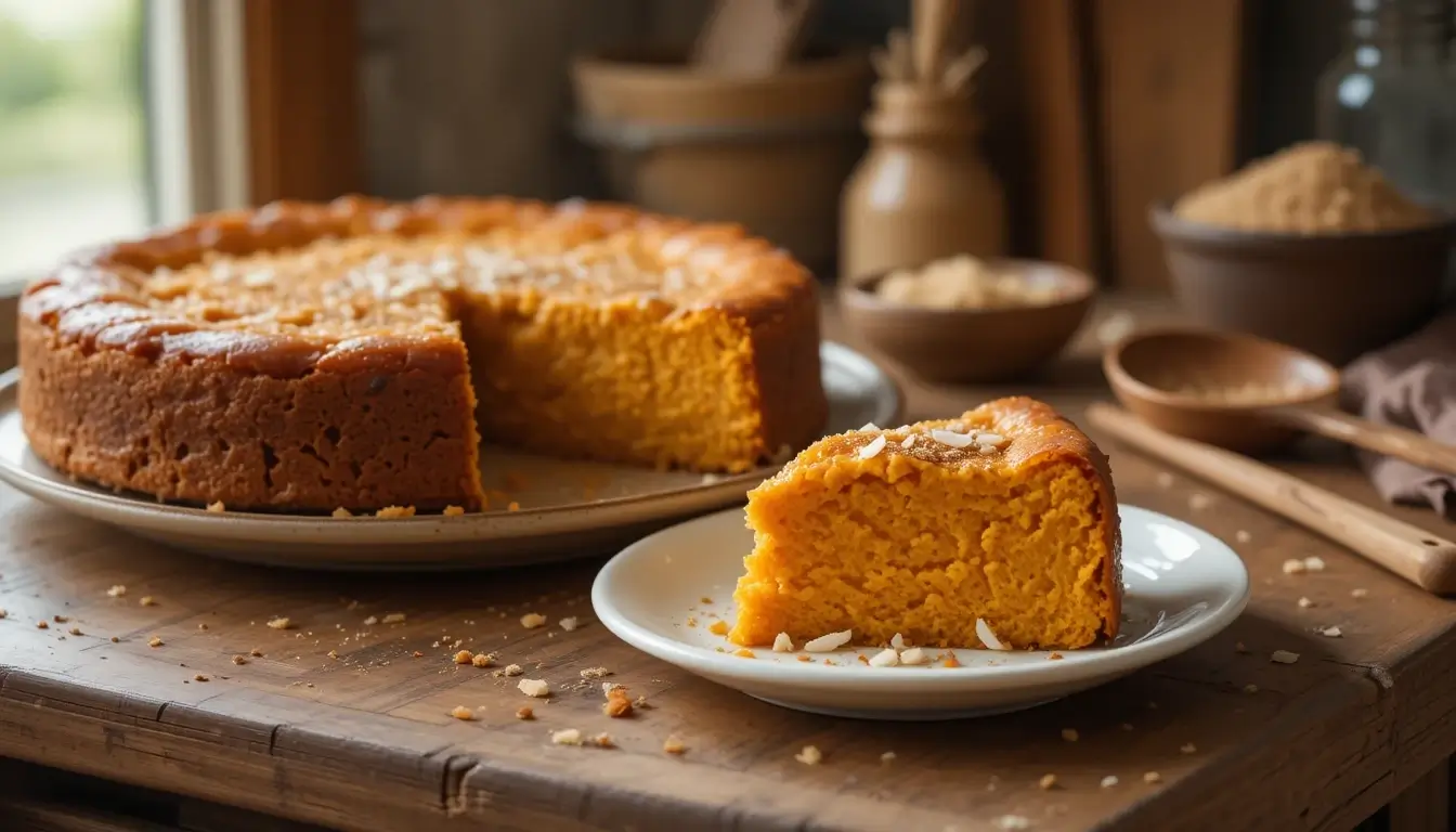 A freshly baked Jamaican Sweet Potato Pudding, a classic Jamaican dessert, with a golden-brown crust and a moist, spiced interior, topped with sliced almonds. The pudding is served on a rustic wooden table, surrounded by baking ingredients.