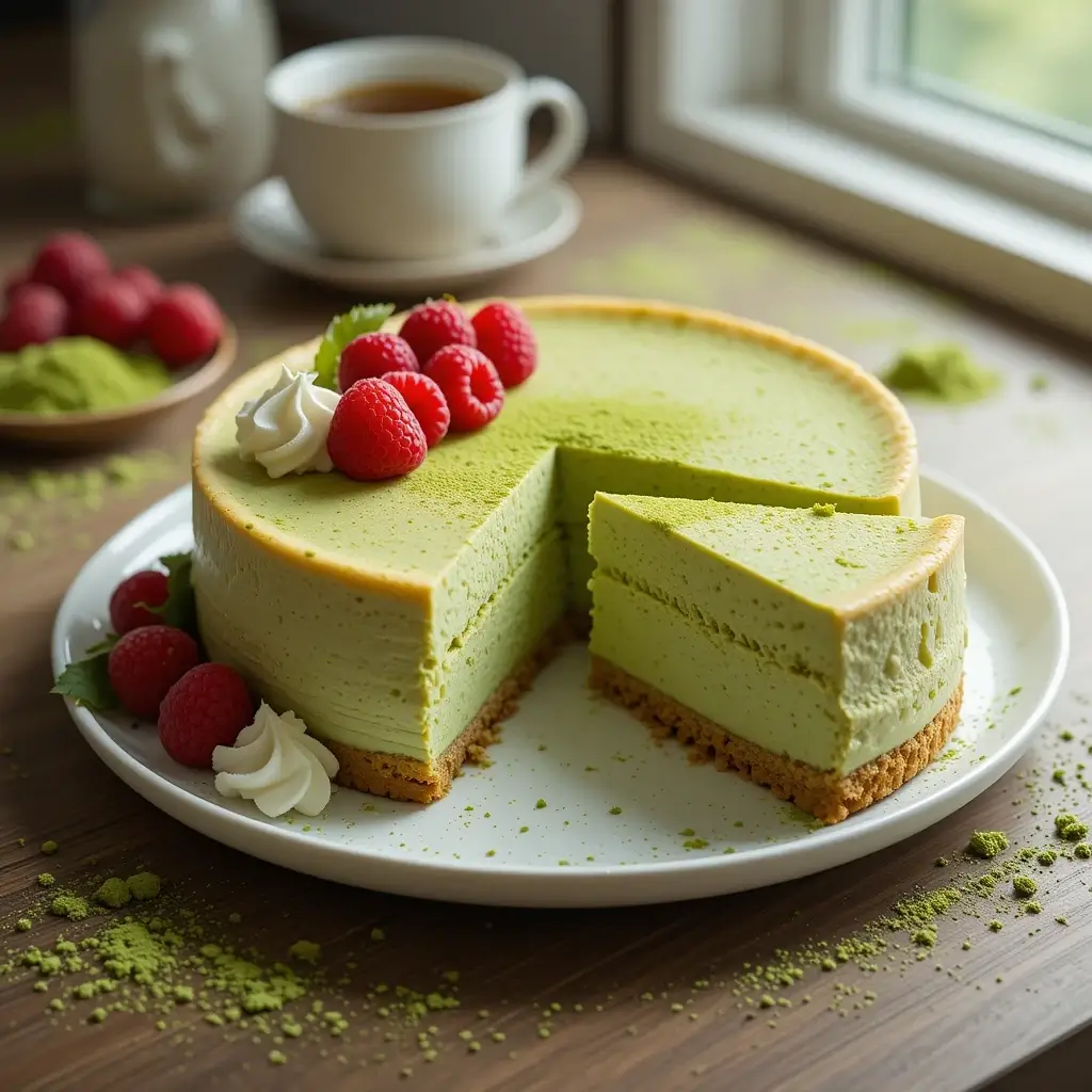 A beautifully layered Matcha Cheesecake with a golden crust, topped with fresh raspberries and whipped cream, elegantly presented on a white plate.