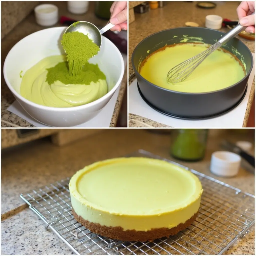 A step-by-step process of making Matcha Cheesecake, including mixing matcha powder into the batter, whisking the mixture, and the final baked cheesecake cooling on a rack.