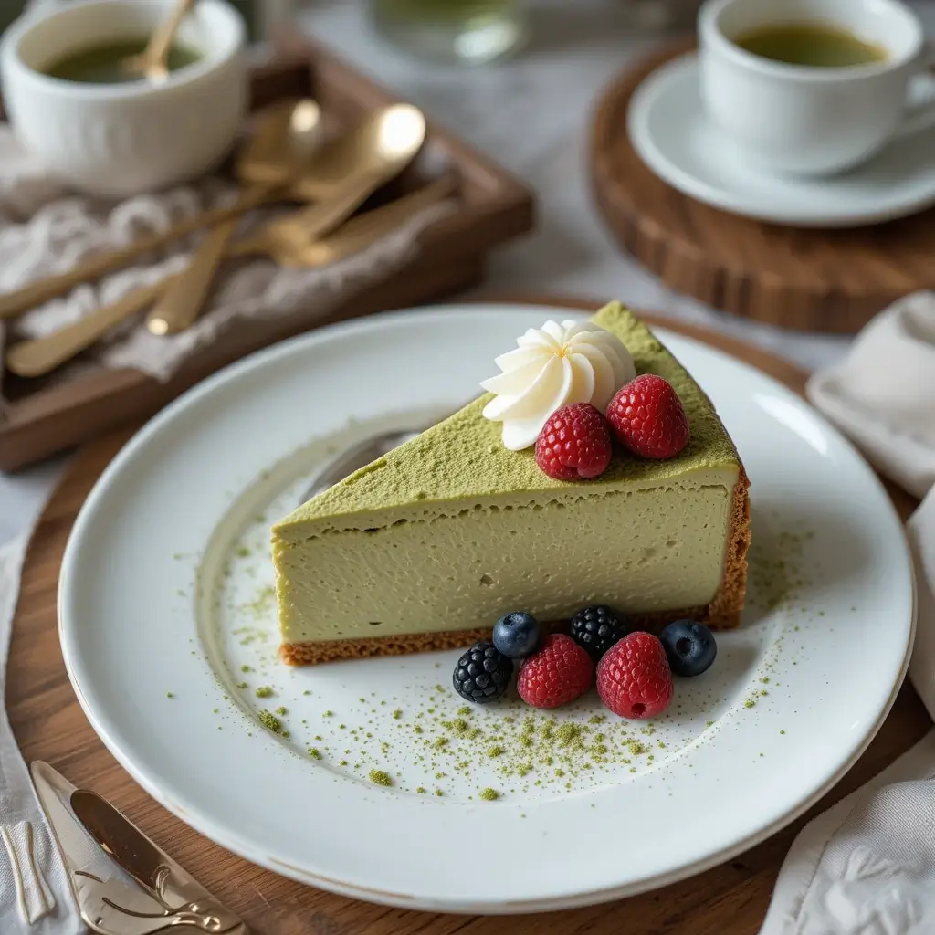 A beautifully plated slice of Matcha Cheesecake topped with fresh raspberries, whipped cream, and a dusting of matcha powder, served with mixed berries on a white plate.