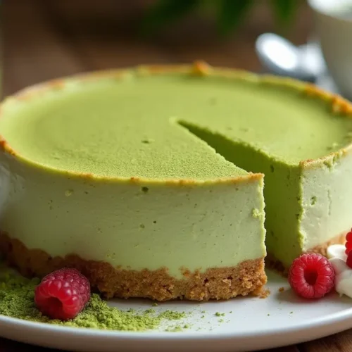 A creamy Matcha Cheesecake with a golden crust, topped with matcha powder, served on a white plate with fresh raspberries and whipped cream.