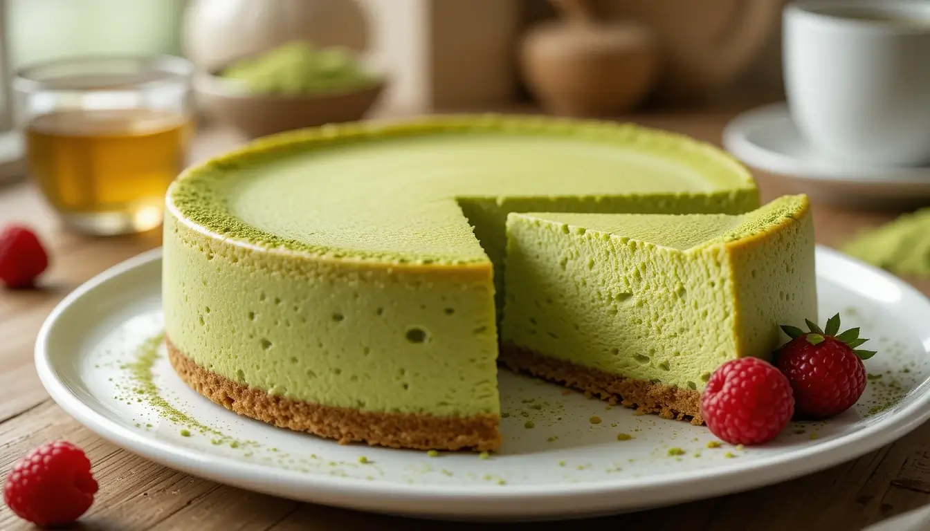 A beautifully crafted Matcha Cheesecake with a light, airy texture and a golden brown crust, served on a white plate with fresh raspberries.