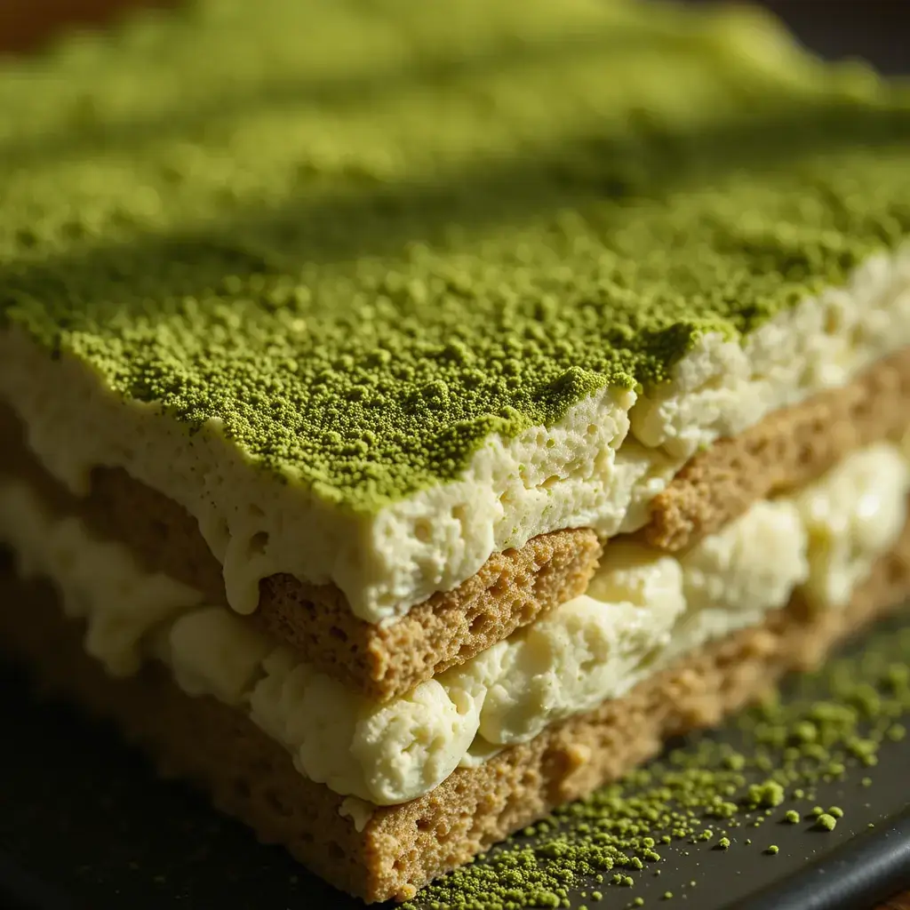 A close-up of a Matcha Tiramisu, showcasing its delicate layers of mascarpone cream, soaked sponge cake, and a vibrant dusting of matcha powder.