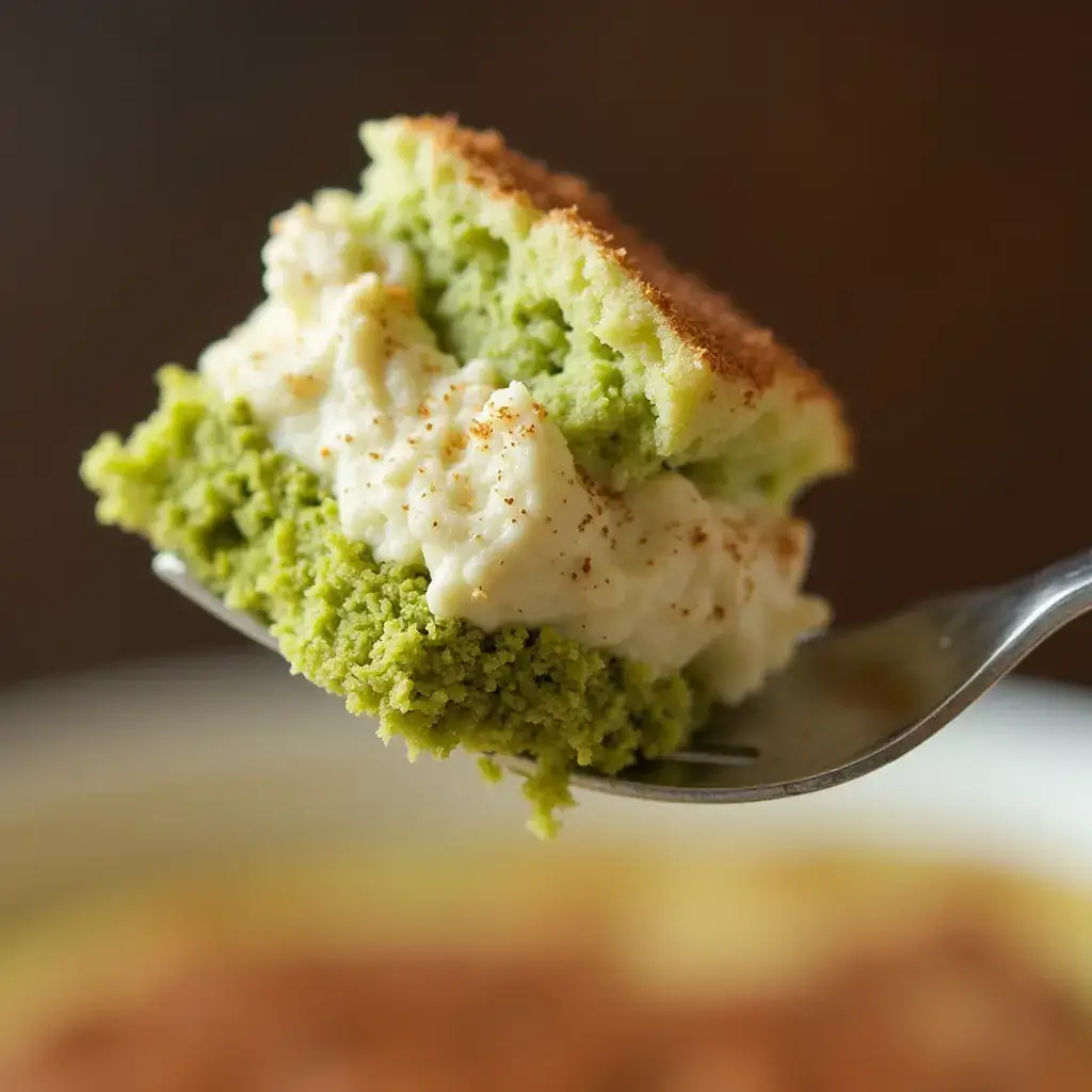 A close-up of a fork holding a bite of Matcha Tiramisu, revealing its soft, green tea-infused sponge layers and creamy mascarpone filling.