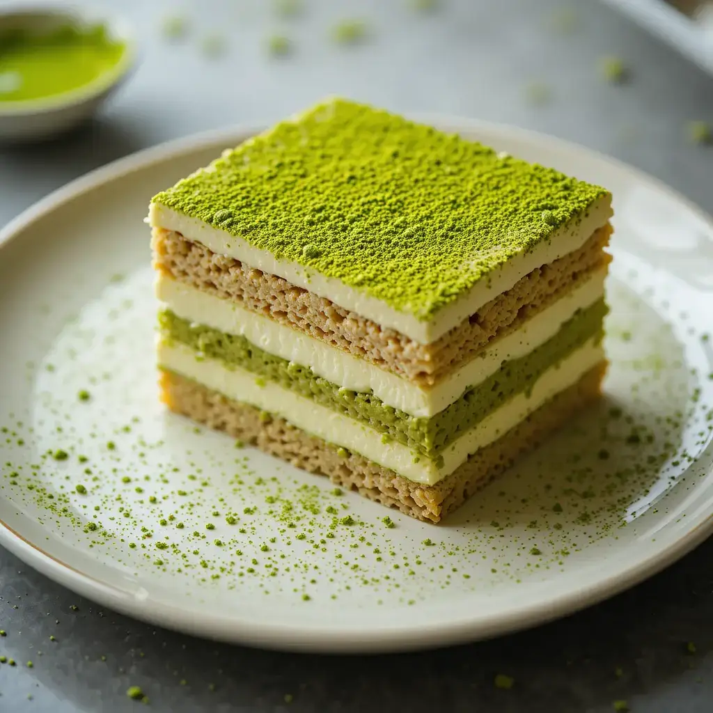 A beautifully layered Matcha Tiramisu on a white plate, featuring alternating layers of green tea-infused sponge cake and creamy mascarpone, topped with a dusting of vibrant matcha powder.