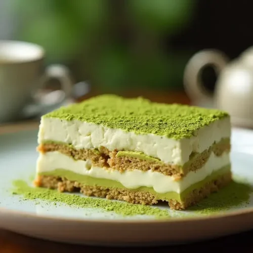 A beautifully plated Matcha Tiramisu with delicate layers of green tea-infused sponge and creamy mascarpone, served on a white plate with matcha powder dusted around.