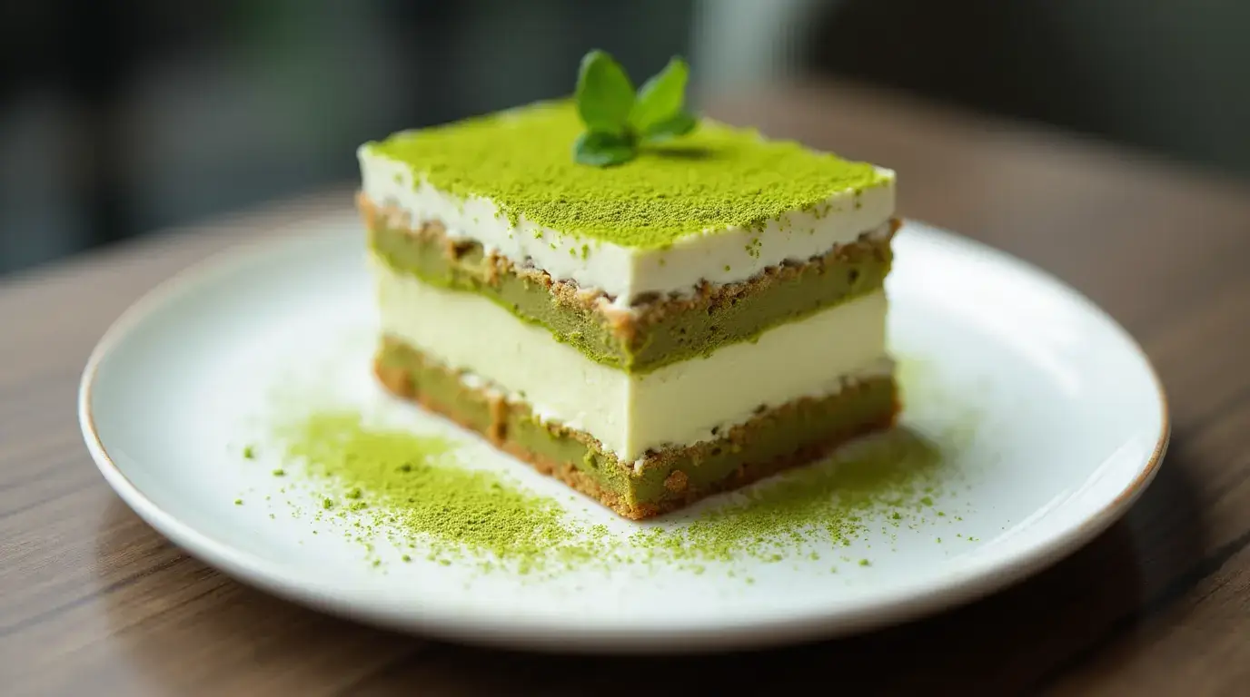 A beautifully plated Matcha Tiramisu with layers of green tea-infused sponge cake and creamy mascarpone, dusted with vibrant matcha powder and garnished with fresh mint.