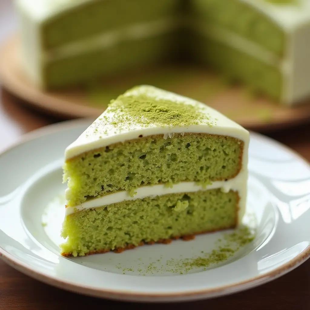 A slice of vibrant green Matcha cake with creamy white frosting, dusted with matcha powder. This Matcha cake recipe vegan is a delicious and healthy dessert option.