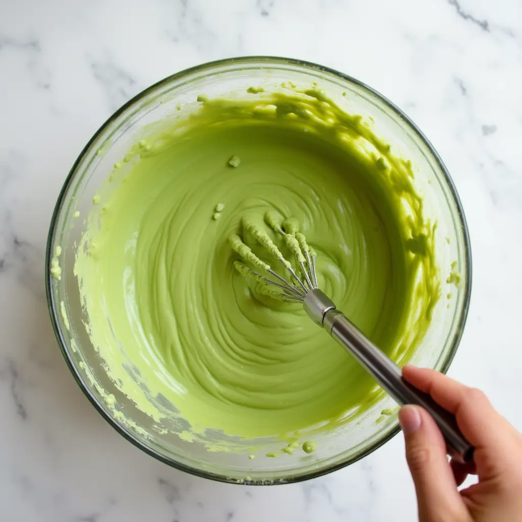 A glass bowl filled with smooth, vibrant green matcha cake batter being whisked. This Matcha cake recipe vegan is easy to make and perfect for a plant-based dessert.