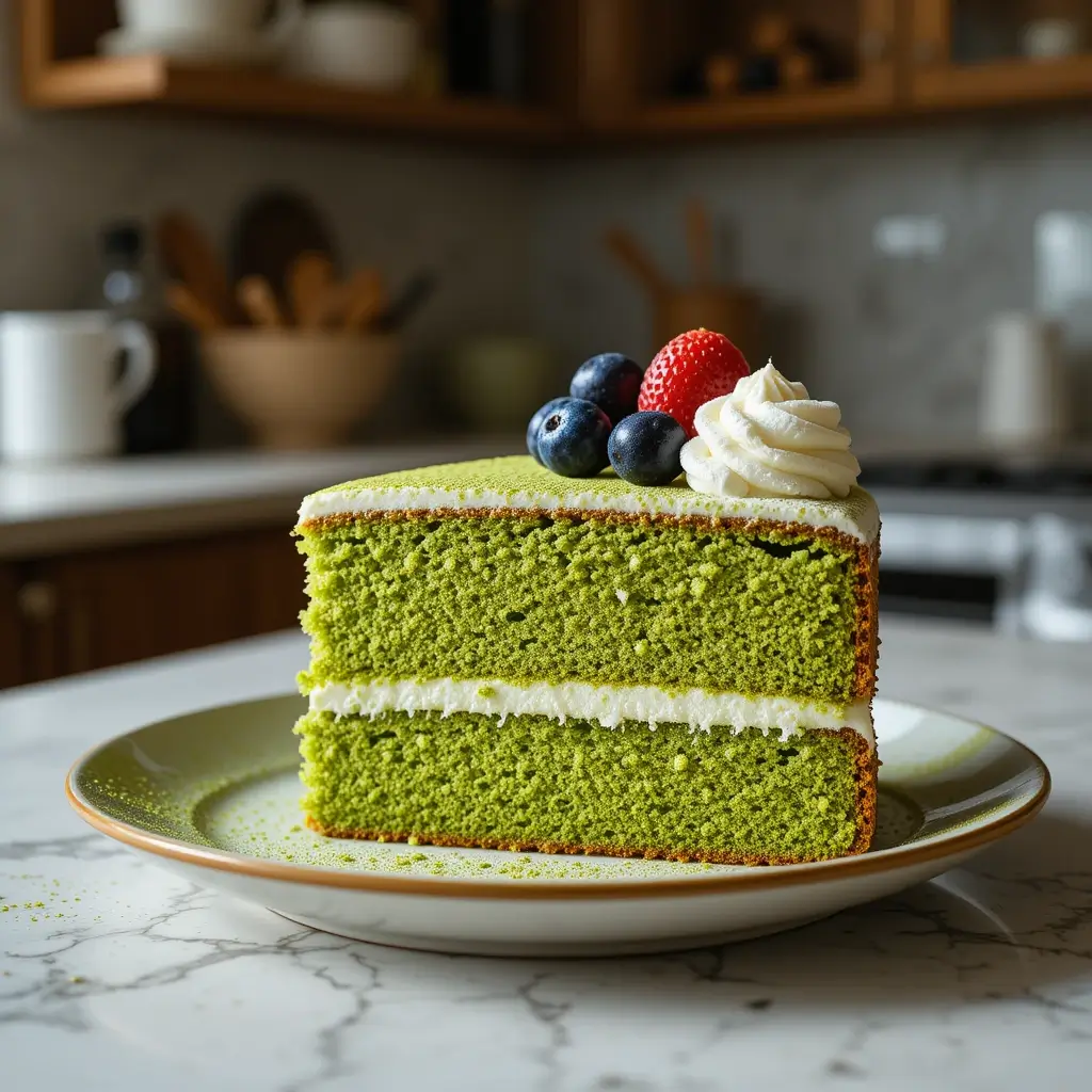 A slice of fluffy Matcha cake with vegan frosting, topped with fresh blueberries, a strawberry, and whipped cream. This Matcha cake recipe vegan is a perfect plant-based dessert.