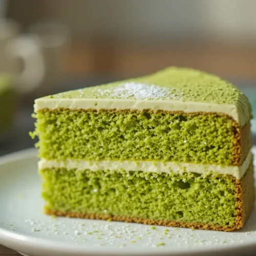 A slice of soft and fluffy Matcha cake with vegan frosting, dusted with matcha powder. This Matcha cake recipe vegan is a perfect plant-based dessert for any occasion.