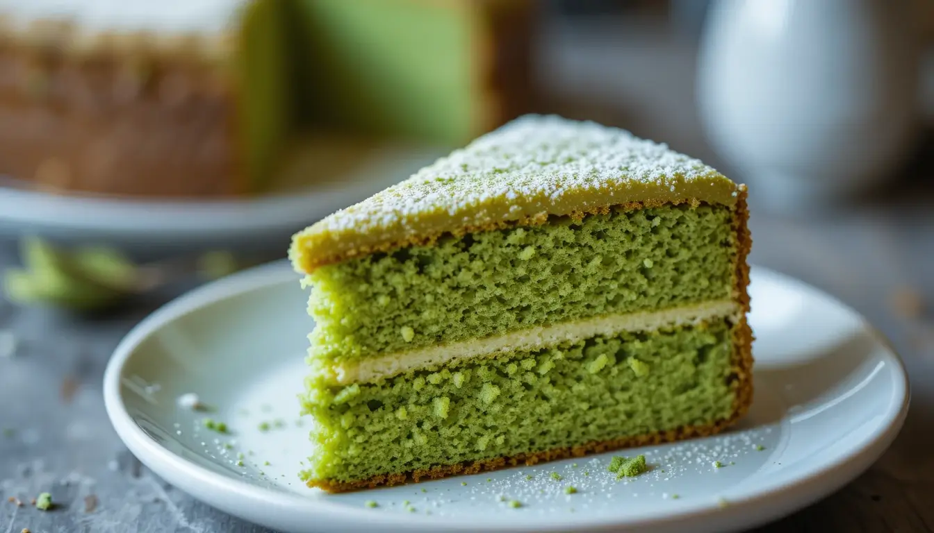 A delicious slice of green Matcha cake with a soft, fluffy texture, dusted with powdered sugar. This Matcha cake recipe vegan is perfect for a healthy and flavorful dessert.