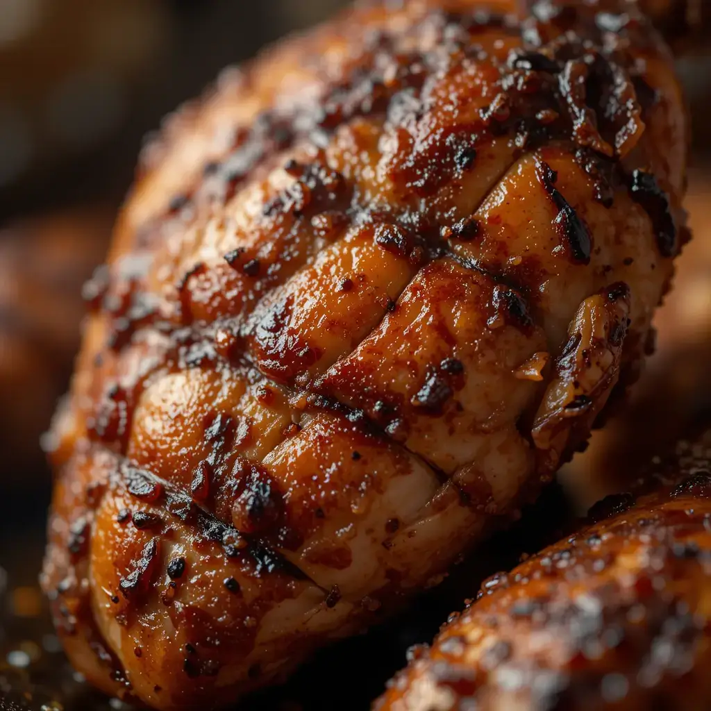 Close-up of pulehu chicken, a Hawaiian-style grilled chicken with a beautifully charred and caramelized crust, coated in a rich, smoky marinade.