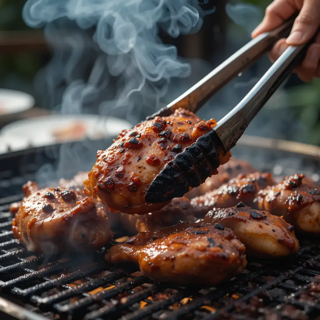 Freshly grilled pulehu chicken being lifted with tongs over an open flame, with smoke rising, highlighting its rich marinade and perfect char.