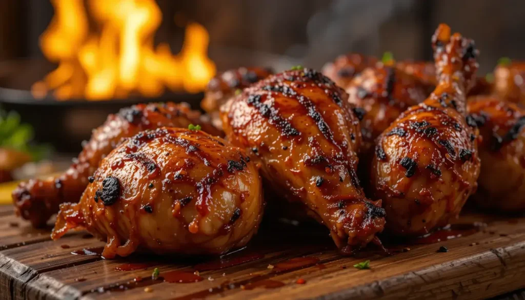 Glazed and charred pulehu chicken drumsticks resting on a wooden board, with flames in the background, highlighting the smoky, grilled Hawaiian BBQ style.