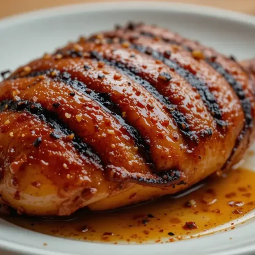 Delicious Pulehu Chicken grilled to perfection with a smoky, caramelized glaze and a flavorful spice rub, served on a white plate with a drizzle of marinade.