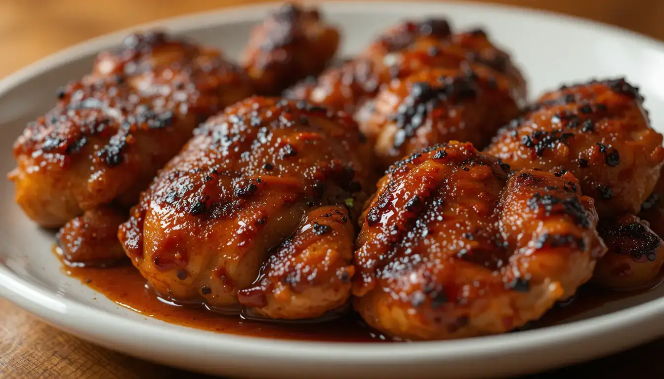 Close-up of pulehu chicken, a Hawaiian-style grilled chicken with a perfectly charred and caramelized crust, coated in a rich, smoky marinade.