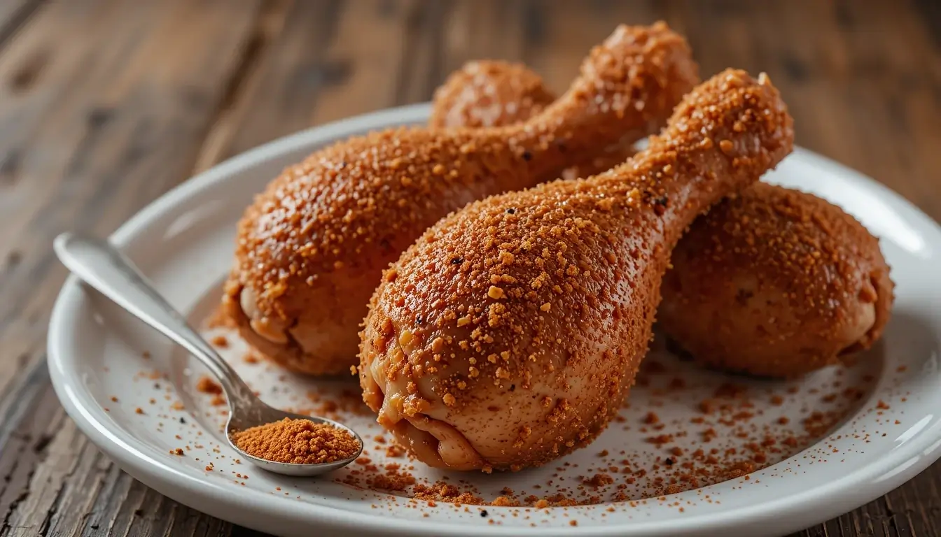 Close-up of three chicken drumsticks generously coated with a smoked chicken rub, served on a white plate with a spoonful of seasoning on the side.