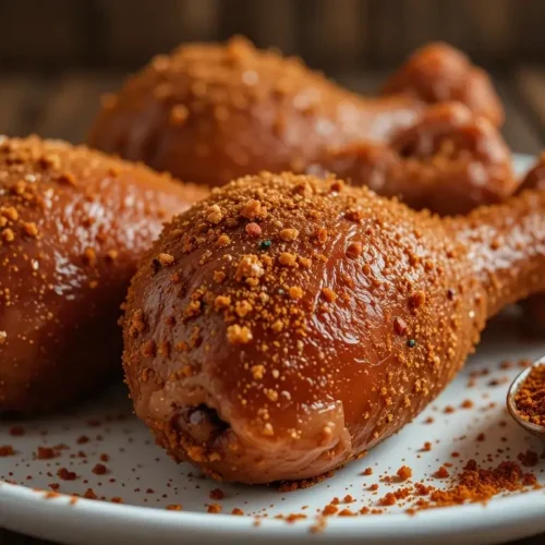 Three raw chicken drumsticks coated with a rich smoked chicken rub, placed on a white plate with a spoonful of seasoning beside them, ready for cooking.