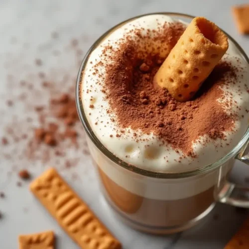 A rich and creamy Tiramisu latte served in a glass mug, topped with frothy whipped cream, cocoa powder, and a crispy rolled wafer, surrounded by scattered biscuits on a marble surface.