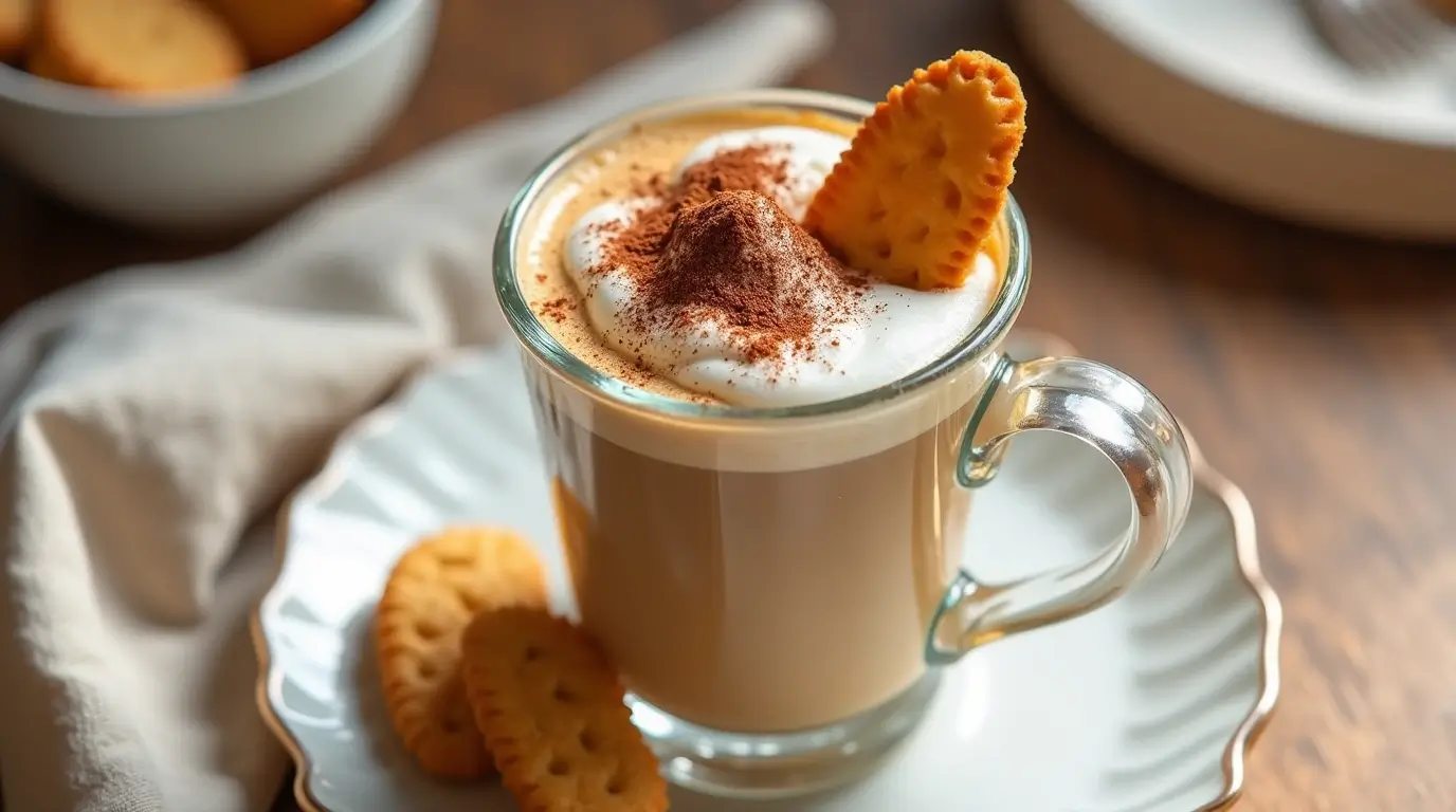 A creamy Tiramisu latte served in a glass mug, topped with whipped cream, cocoa powder, and a crisp biscuit, placed on a white plate with additional biscuits on the side.