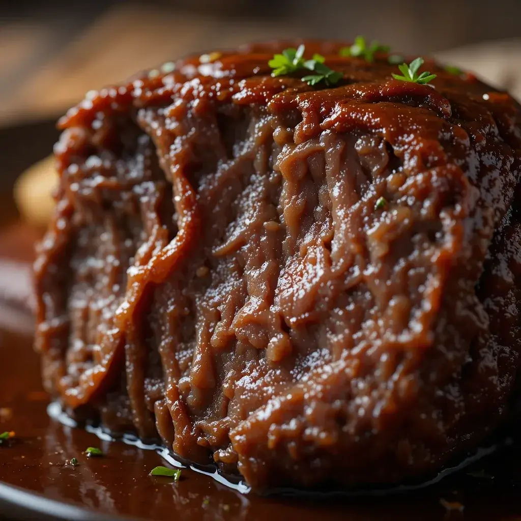 Slow-cooked beef cheek meat coated in a rich, savory sauce, garnished with fresh herbs for a gourmet presentation.