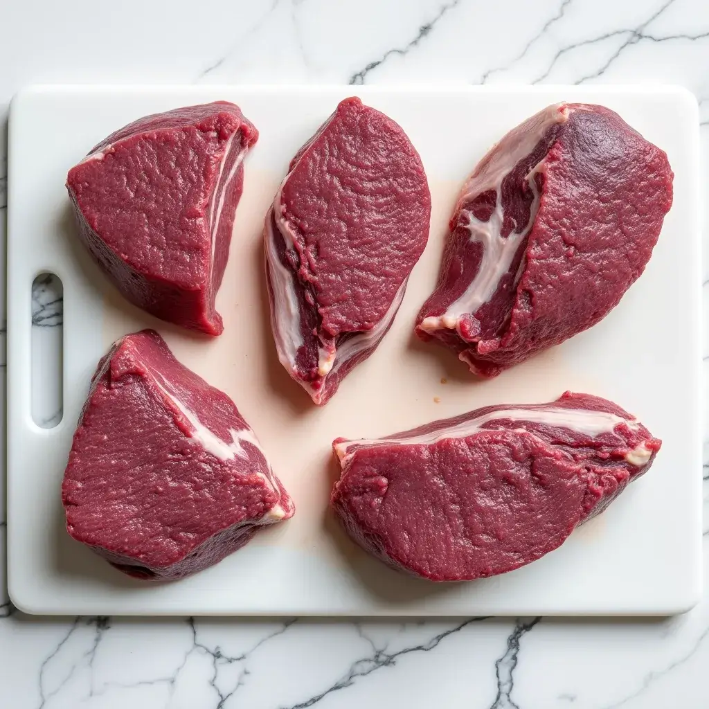 Fresh raw beef cheek meat pieces arranged on a white cutting board, ready for cooking.