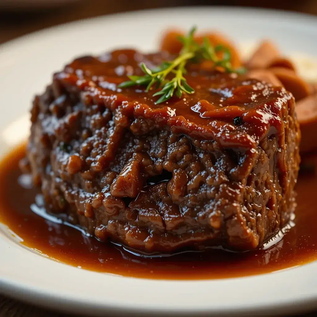 Tender braised beef cheek meat covered in a rich sauce, garnished with fresh thyme and served with vegetables.