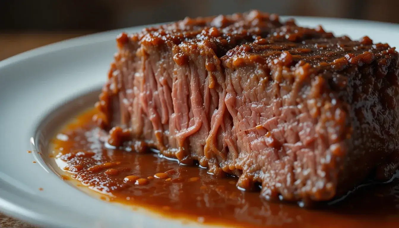 Tender and juicy beef cheek meat covered in rich, flavorful sauce, served on a white plate.