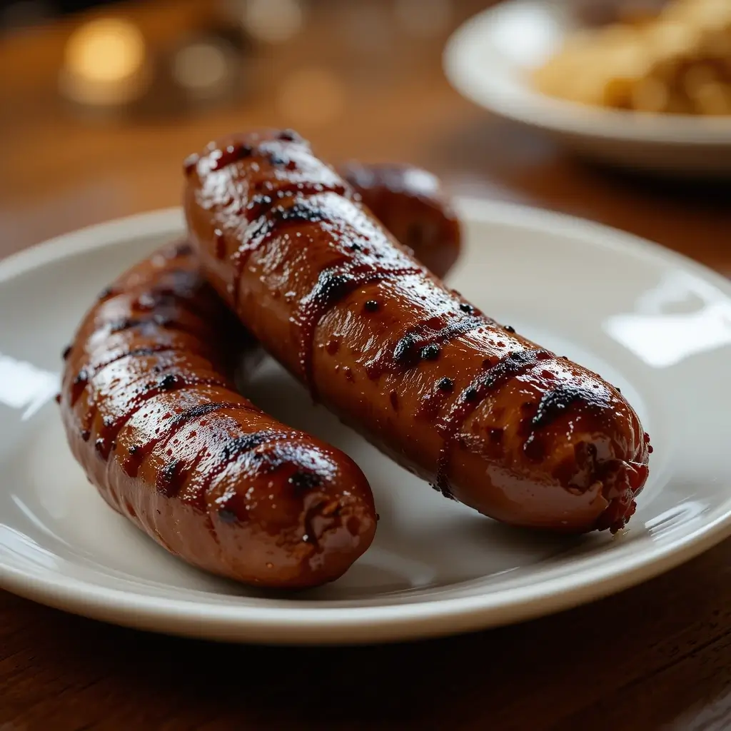 Two juicy, grilled beef sausages with charred grill marks, served on a white plate—an irresistible dish from our beef sausage recipes collection.