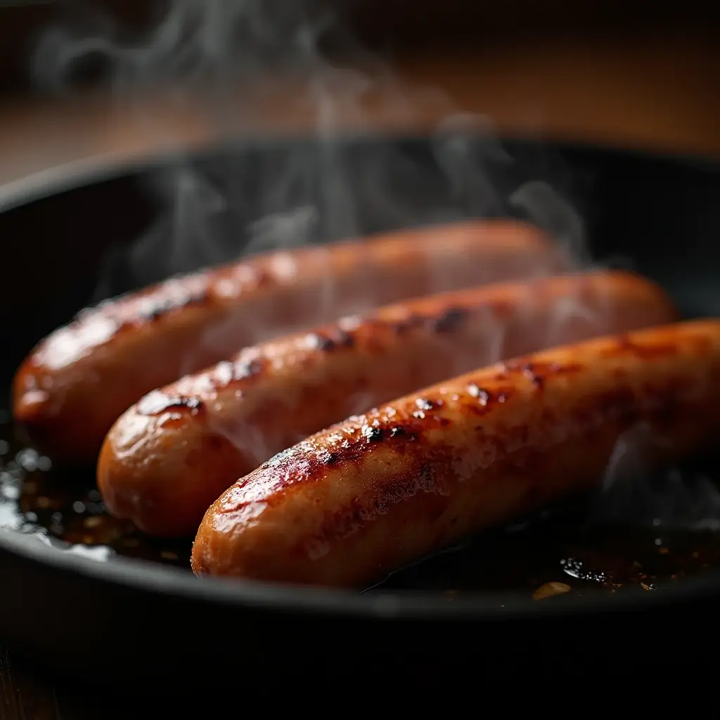 Three sizzling beef sausages fresh off the pan, with steam rising, highlighting a delicious option from our beef sausage recipes collection.