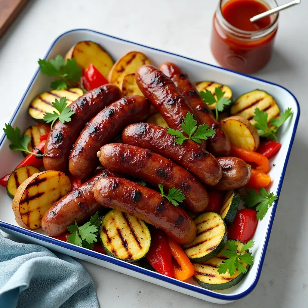 A tray of grilled beef sausages served with charred zucchini, bell peppers, and potatoes, garnished with fresh parsley—an inviting dish from our beef sausage recipes collection.