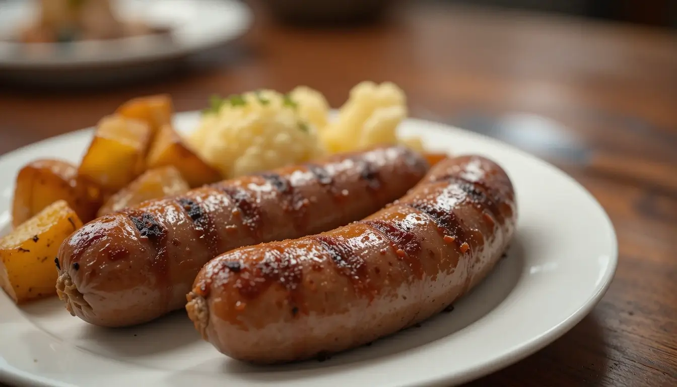 Grilled beef sausages served on a white plate with roasted potatoes and mashed potatoes, perfect for exploring delicious beef sausage recipes.