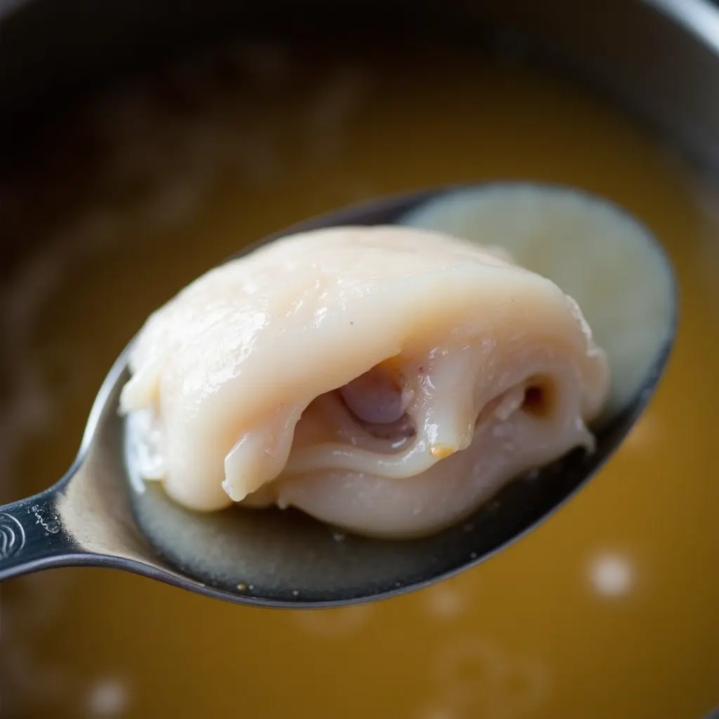 A close-up of a tender, gelatinous beef tendon on a spoon, freshly cooked in a rich broth.