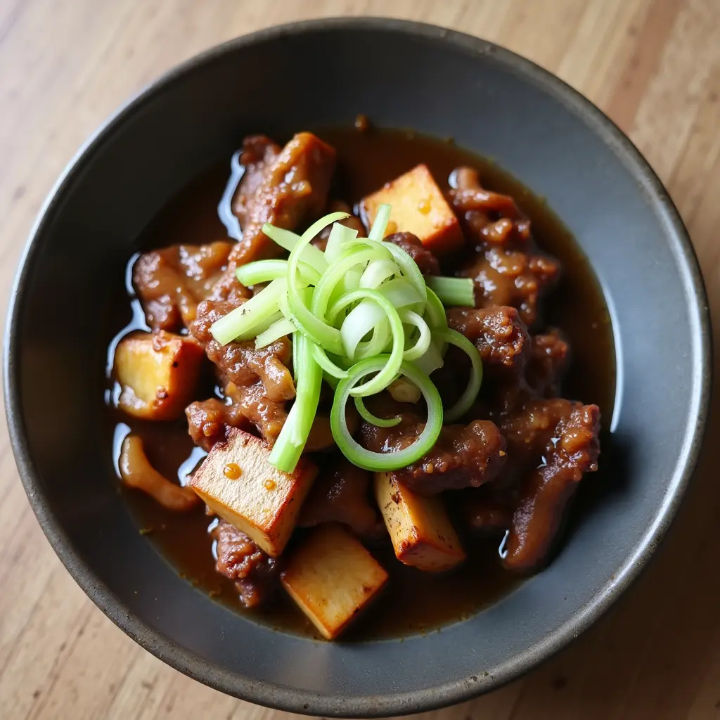 A savory dish of braised beef tendon with tofu, garnished with fresh green onions, served in a black bowl.