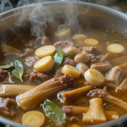 A steaming pot of beef tendon soup with mushrooms, bamboo shoots, and fresh herbs, simmering in a flavorful broth.