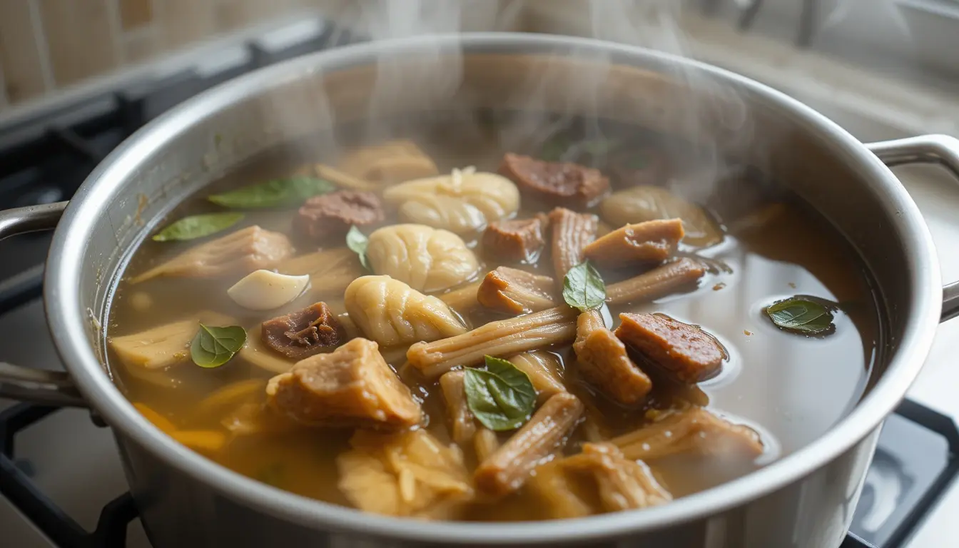 A steaming pot of beef tendon soup with mushrooms, herbs, and aromatic broth, simmering on the stove.