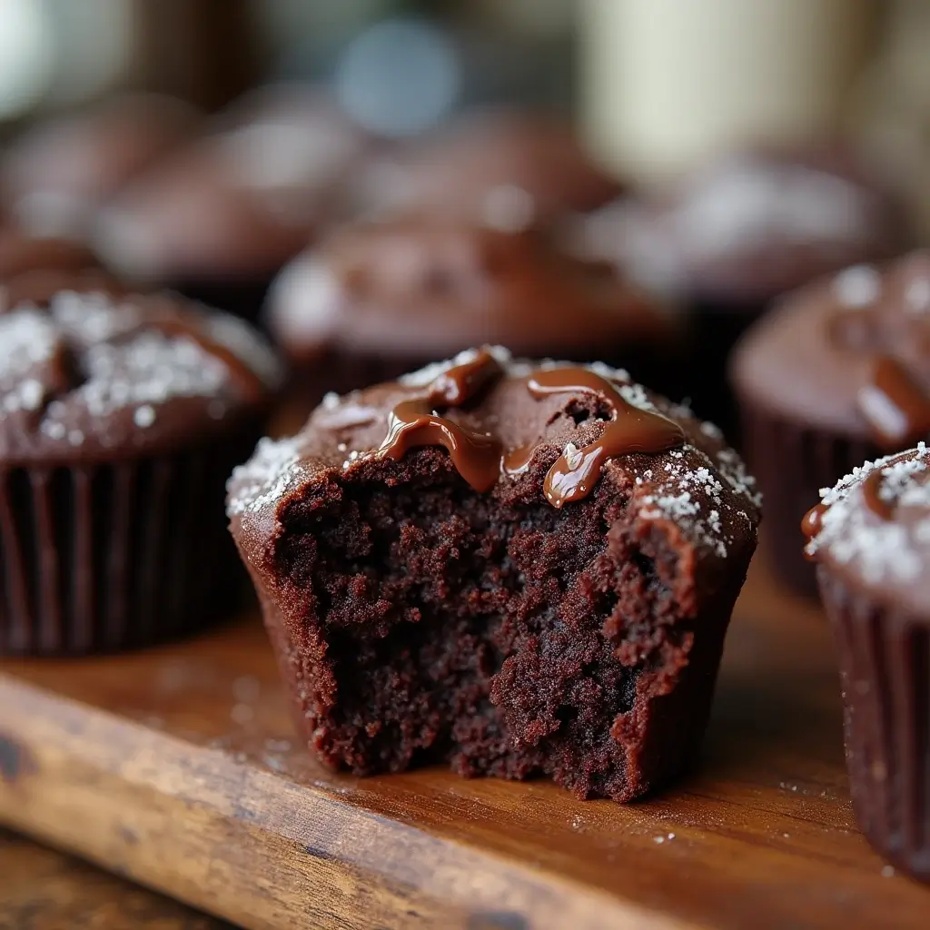 A batch of rich and moist brownie cupcakes, with one having a bite taken out, revealing its fudgy interior. Topped with melted chocolate and a sprinkle of sugar, these cupcakes sit on a rustic wooden board.