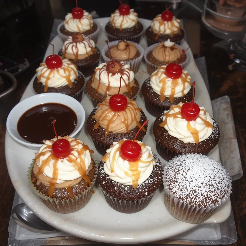 A beautifully arranged platter of brownie cupcakes, topped with creamy frosting, caramel drizzle, and bright red cherries, accompanied by a bowl of rich chocolate sauce.