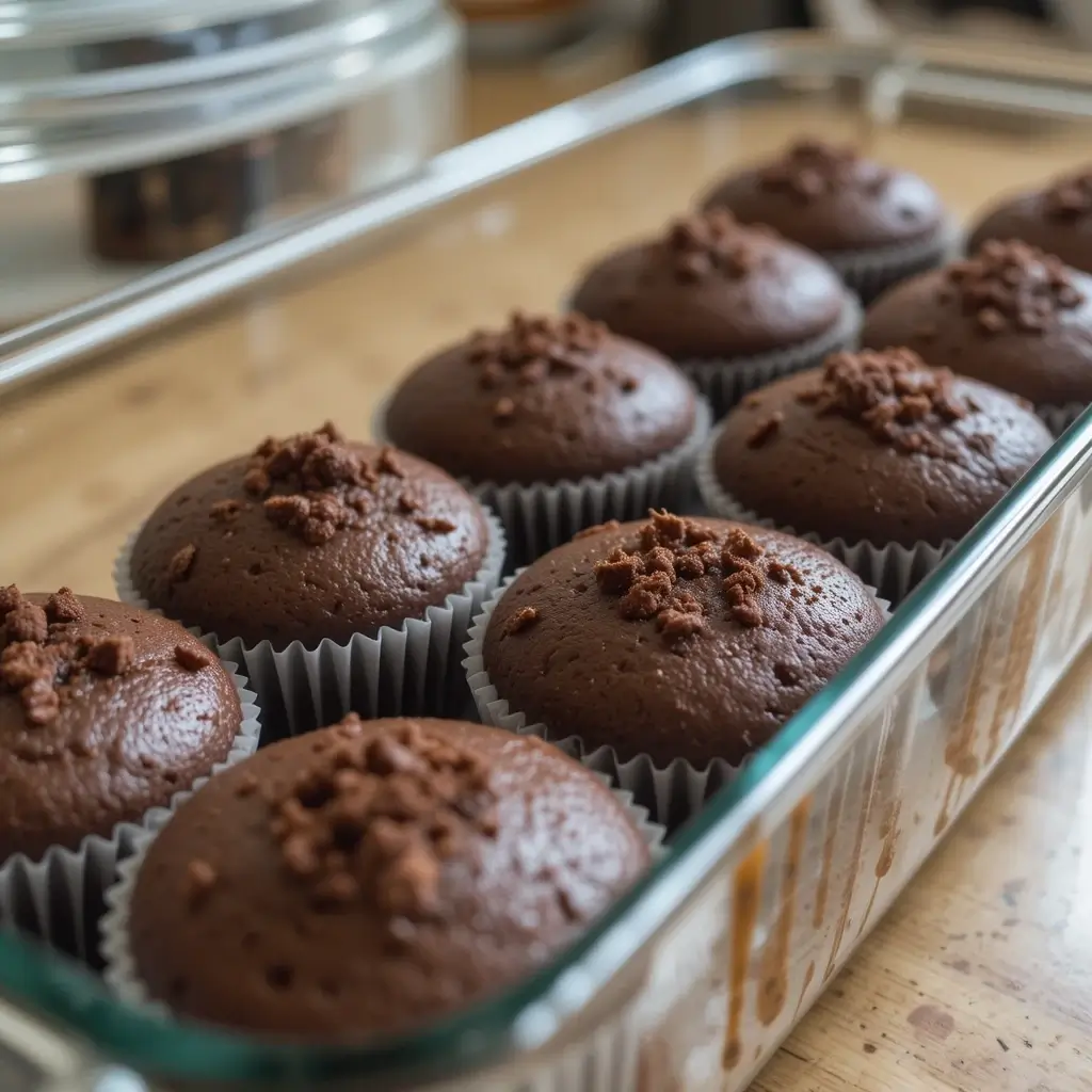 A glass container filled with freshly baked brownie cupcakes, topped with chocolate crumbles, neatly arranged and ready for storage or serving.