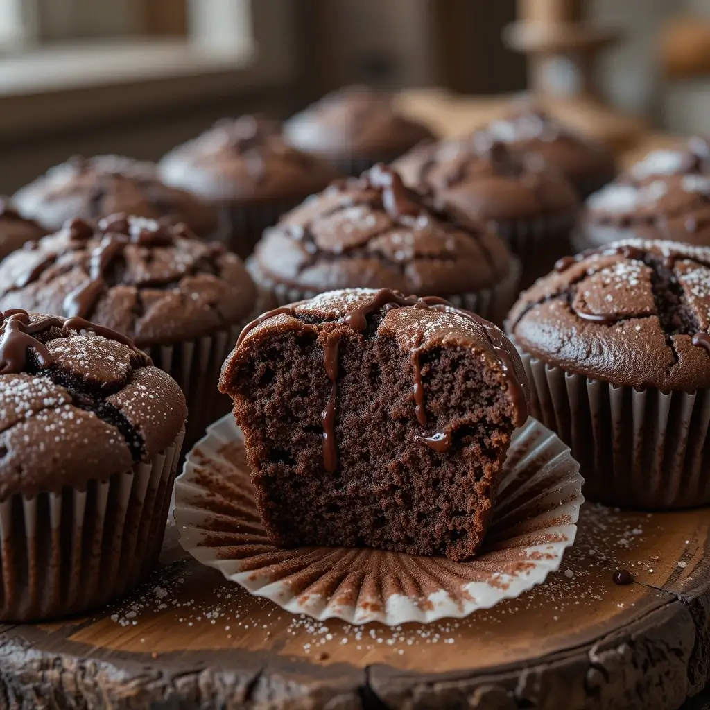 A batch of freshly baked brownie cupcakes, topped with powdered sugar and chocolate drizzle, with one cupcake partially eaten, revealing its moist and fudgy interior.