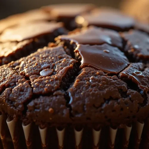 A close-up of brownie cupcakes with a cracked, fudgy top, drizzled with melted chocolate, showcasing their rich texture and deep cocoa color.