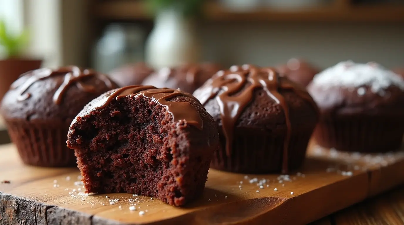 Freshly baked brownie cupcakes with a rich chocolate glaze, one with a bite taken out, revealing a moist and fluffy texture. The cupcakes are placed on a rustic wooden board with a blurred kitchen background.