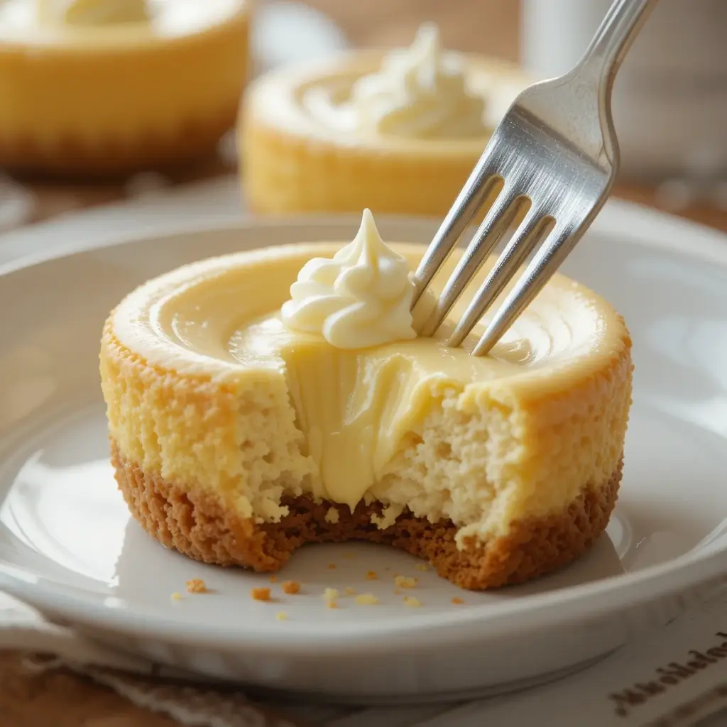 A creamy mini cheesecake with a golden crust, partially eaten, showing its rich texture. A fork is inserted, emphasizing its softness. A perfect example of carnivore desserts.